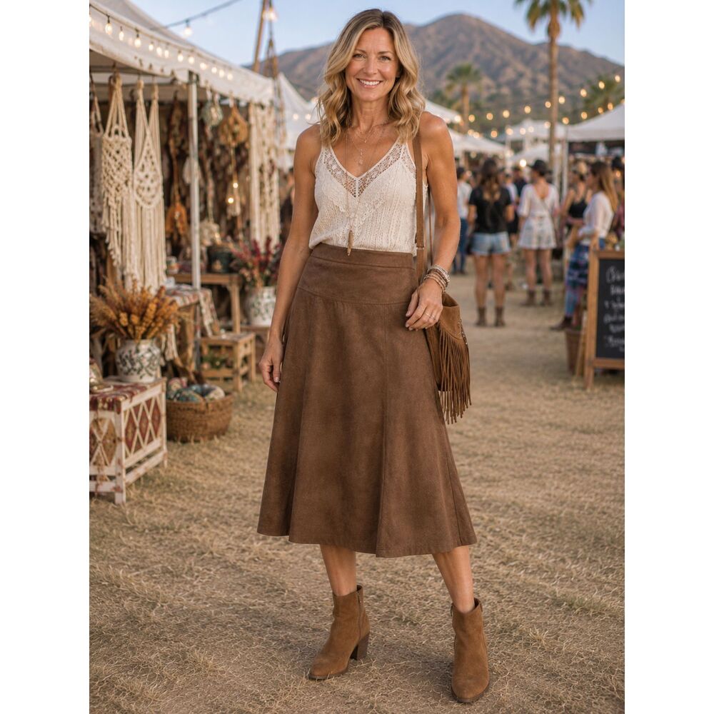 Christopher & Banks Size 8 Brown Faux Suede A-Line Western Midi Skirt Boho #16